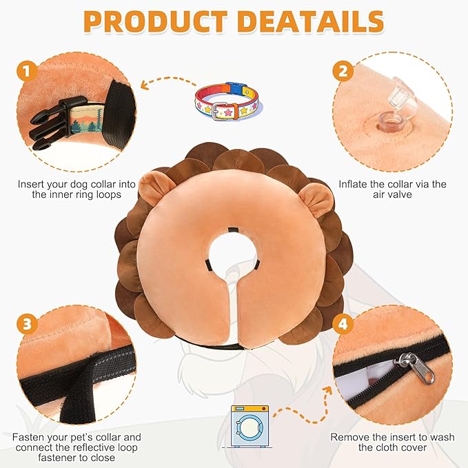 KOOLTAIL Inflatable Dog Cone Collar, Soft Donut E Collar for Dogs After Surgery to Stop Licking Enhanced Alternative, Blow Up Pet Neck Pillow Recovery Adjustable Cone for Dog Cat, Upgrade Size, Lion M
