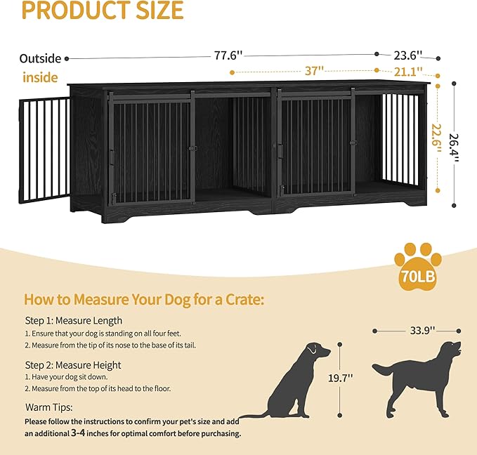 Hzuaneri 78" Dog Crate Furniture for 2 Dogs, Double Dog Cage with Divider, Wooden Heavy Duty Dogs Kennel, Pet Cage with Barn Door, TV Stand for Large Small Medium Pet, Black DFC83704B