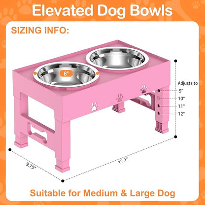 Elevated Dog Bowls with 2 Stainless Steel Bowls, 5-Height Adjustable Stand (3.1", 9" to 12"), for Improved Digestion & Neck Support, Easy Clean, Non-Slip Base Raised Feeder for Medium Large Dogs