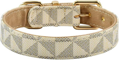 Leather Dog Collar and Leash Set, Check Pattern Dog Collar Leashes Metal Buckle Adjustable Durable for Small Medium Large Dogs (White, M(11.8-15IN))