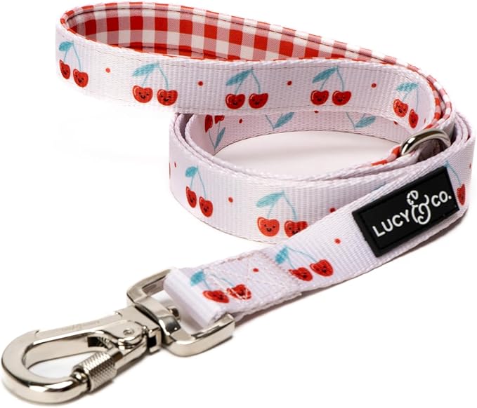 Lucy & Co. Cheery Cherries - Designer Dog Leash for Small to Large Dogs - Padded Handle for Comfort - Large, Red Gingham Cherries - 5 Foot