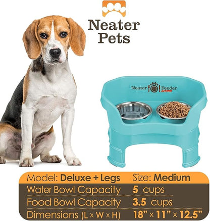 Neater Feeder Deluxe Mess-Proof Elevated Dog Bowls for Medium Dogs (19–40 lbs), 2 Height Adjustable (10” & 12.5”) No-Spill Raised Dog Bowl Stand, Stainless Steel Food Bowl Set, Made in USA, Aquamarine