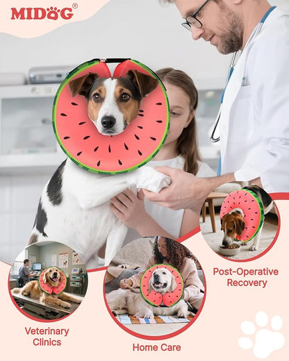 MIDOG Dog Cone Collar for Large Medium Dogs, Soft Inflatable Dog Cone Alternative After Surgery, Adjustable Protective Recovery Cone - Alternative E Collar Does Not Block Vision (Watermelon,XS)