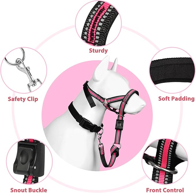 BARKLESS Soft Dog Head Collar, Patented Padded No Pull Head Halter, Training Nose Leash with Safety Link for Medium Large Dogs, Adjustable Muzzle Leash, Easy Control for Walking(Pink, L)