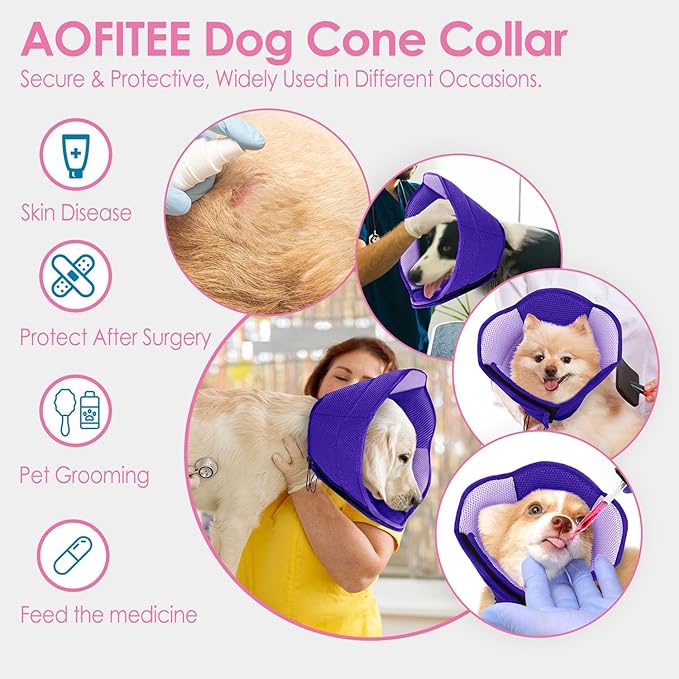 AOFITEE Dog Cone - Soft Cone for Dogs After Surgery, Comfy Cones for Large Dogs to Stop Licking, Adjustable Soft Dog Cone Collar, Elizabethan Pet E-Collar for Wound Healing, Purple Large
