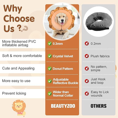 BEAUTYZOO Dog Cone Alternative After Surgery for Large Medium Small Dogs, Soft Inflatable Cone Collar for Dogs Cats, Dog Neck Donut E Collar Dog Recovery Collar to Stop Licking, Lion, M