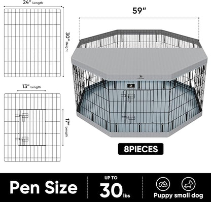 PJYuCien Dog Playpen with Top Cover and Bottom Pad - Metal Foldable Exercise Pen, 8 Panels 30" H x 24" W Indoor Outdoor Pet Fence Puppy Crate Kennel, Gray