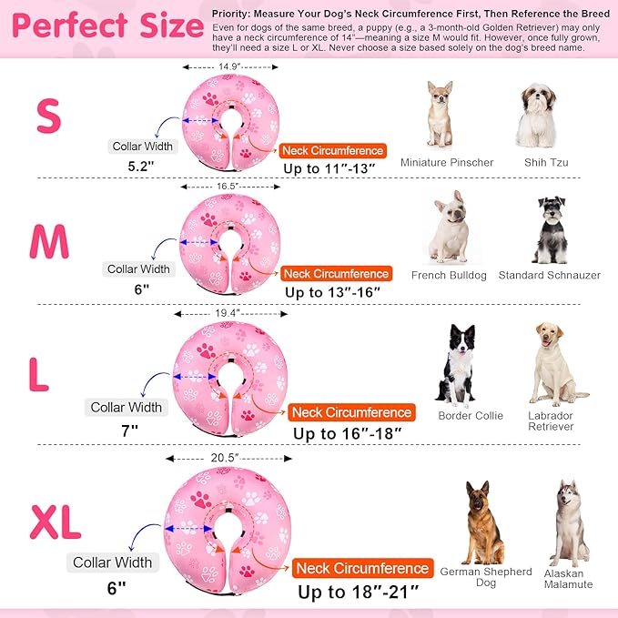 BEAUTYZOO Dog Cone Alternative After Surgery for Large Medium Small Dogs, Soft Inflatable Cone Collar for Dogs Cats, Pet Neck Donut E Collar Dog Recovery Collars to Stop Licking, Paw Pink, L