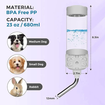 VANNON Top Fill Dog Water Dispenser for Cage, 23oz Auto Feeding Crate Water Bottle for Dogs, Cats & Rabbits, Pet Nozzle Diameter: 12mm, BPA Free, Grey