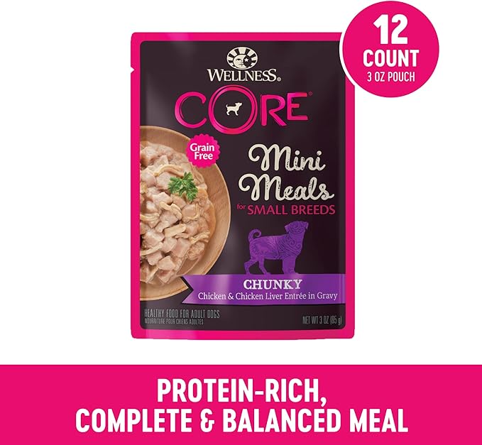 Wellness CORE Small Breed Mini Meals Chunky in Gravy Adult Wet Dog Food, Grain Free, Natural, Chicken Entrée Recipe, 3 oz, Pack of 12 Pouches
