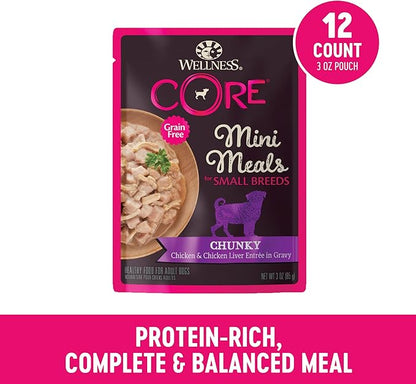 Wellness CORE Small Breed Mini Meals Chunky in Gravy Adult Wet Dog Food, Grain Free, Natural, Chicken Entrée Recipe, 3 oz, Pack of 12 Pouches
