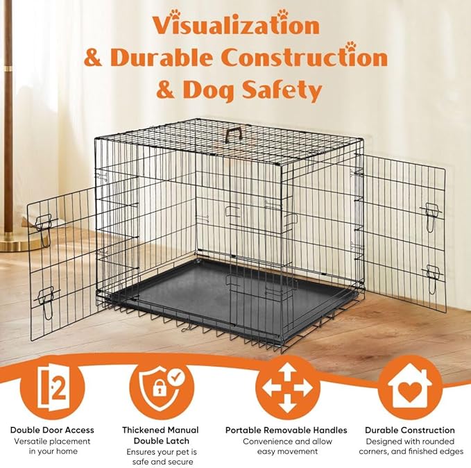 Dog Crate Kennel, 36 Inch Metal Pet Cage Double Door W/Divider Panel, Folding Travel Indoor Outdoor Dog Kennel Leak-Proof Plastic Tray Wire Animal Cage