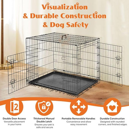 Dog Crate Kennel, 36 Inch Metal Pet Cage Double Door W/Divider Panel, Folding Travel Indoor Outdoor Dog Kennel Leak-Proof Plastic Tray Wire Animal Cage