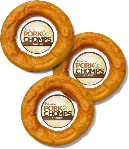 Pork Chomps Roasted Pork Skin Dog Chew, 6 Inch Bagel, 1 Count, Pack of 3 - Long-Lasting Treats for Dogs - High Protein, Rawhide-Free, Low Fat, Healthy & Delicious Chews