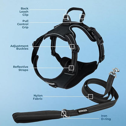 Voyager Dog Harness Dual Leash Attachment No-Pull Control Adjustable Soft but Strong Pet Harness for Medium and Large Dogs with 3M Reflective Technology, Leash Set Black Nylon, M (Chest: 20-25")