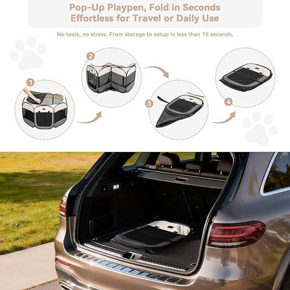 Dog Playpen for Small Dogs & Puppies, 50.39" Portable Indoor Outdoor Puppy Playpen with Bowl, Waterproof Floor, Foldable Pop-Up Pet Pen for Home, Travel & Daily Use, Grey+Beige