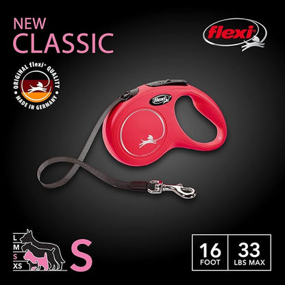 FLEXI New Classic Tape Retractable Dog Leash for Small Dogs Upto 33 lbs. – 16 ft., Red | Tangle Free Pet Walking Leash with One-Handed Brake, Pause, Lock|German Quality Product