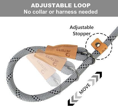 5 FT Slip Lead Dog Leash, Heavy Duty Rope Leash for Small Medium Large Dogs, No Pull Training Lead with Reflective Thread, Strong Comfortable Loop Leash (Grey Stripe, Large(1/2"))
