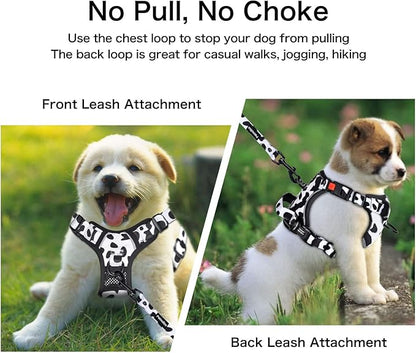 Petmolico No Pull Dog Harness and Leash Set, No Choke 4 Leash Attchments Easy Control Handle Soft Padded Reflective Vest Dog Harness for Large Dog Breed, Cow Pattern Large
