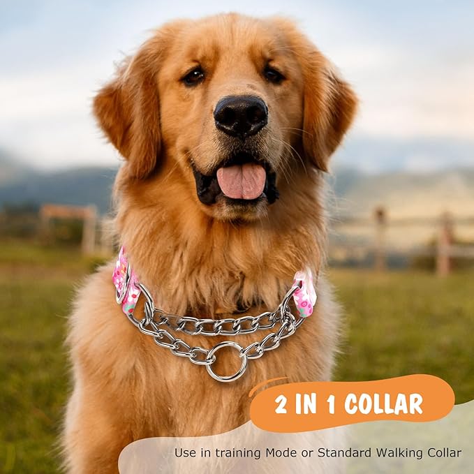 Martingale Dog Collar with Steel Chain- No Pull Escape-Proof Training Choker for Medium, Large & XL Dogs | Heavy Duty Anti-Slip Cinch Collar for Large Breed Pets, Pink (Size XL)