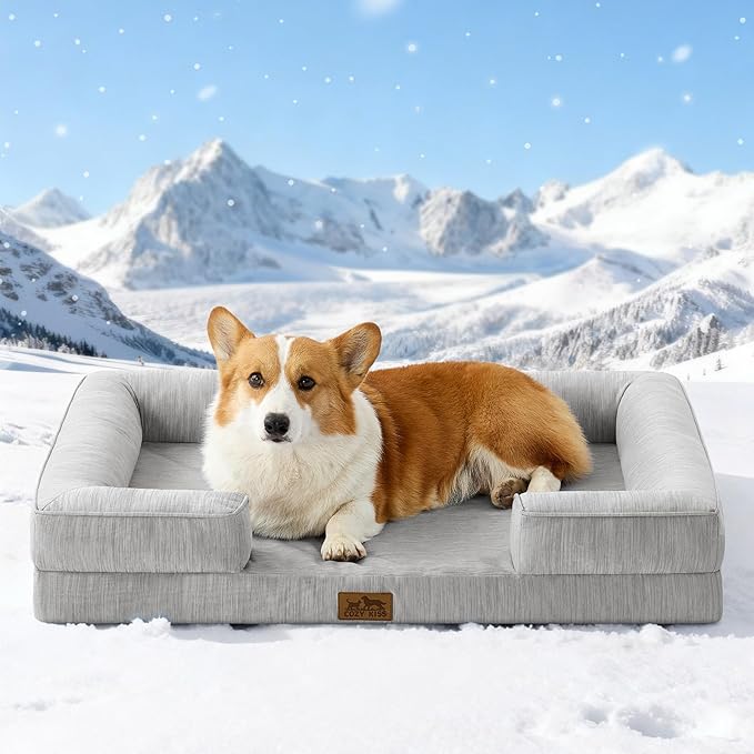 Cooling Dog Bed for Large Medium Size Dogs, Q-Max >0.4 Summer Cool Orthopedic Foam Pet Sofa Bed with Sides, Bolster Anti-Slip Couch with Washable Removable Cover, L 36x27x6.5 inch, Grey