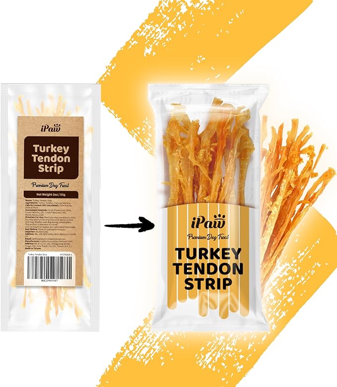 iPaw Turkey Tendons for Dogs, Single Protein, Hypoallergenic, All Natural Human Grade Puppy Chew, Rawhide Alternative Dog Treats, 1 Pack Strip (Large)