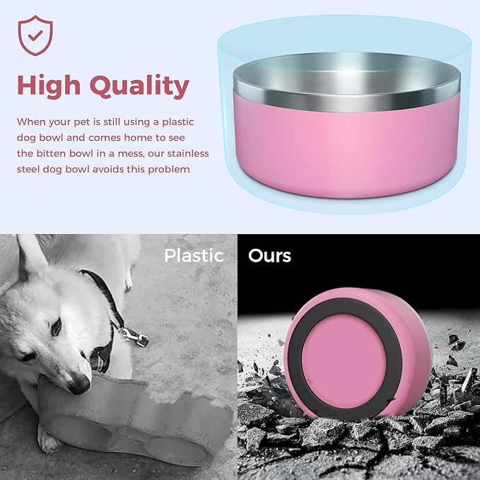 WENBOKMIN Dog Bowl, Stainless Steel Dog Food and Water Bowl with Non Slip Quiet Bottom, Easy to Clean, Dishwasher Safe, 64oz, Pink