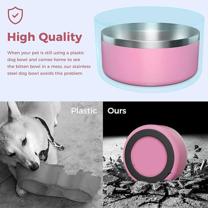 WENBOKMIN Dog Bowl, Stainless Steel Dog Food and Water Bowl with Non Slip Quiet Bottom, Easy to Clean, Dishwasher Safe, 64oz, Pink