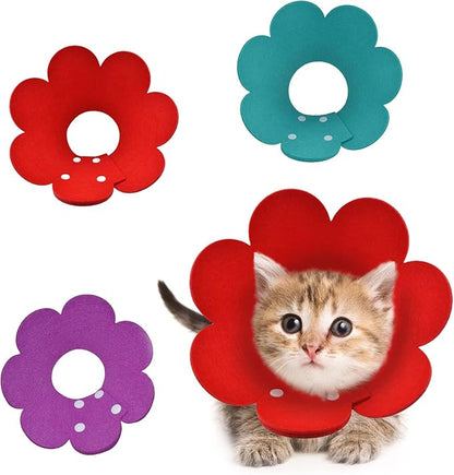 Pet Cone Collar, 3 PCS Adjustable Pet Recovery Protective Collar Cute Sunflower Shape Elizabethan Cat Cone Collar for Cats and Dogs, Red and Purple and Light Blue