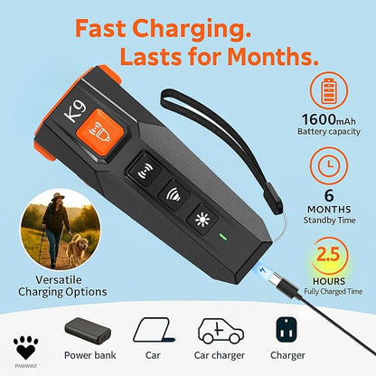 K9 Dog bark Deterrent – Humane Way - No-Shock Dog Barking Deterrent & Trainer - 2 in 1 Trainer and Powerful LED Flashlight - Rechargeable - IPX4 Water Resistance, Indoor, Outdoor Use