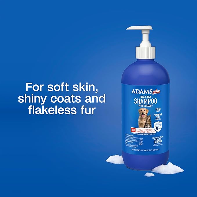 ADAMS Plus Flea & Tick Shampoo with Precor for Dogs, Cats, Puppies & Kittens, Flea Shampoo to Treat Flea Infestations, Kills Ticks, Fleas, Flea Eggs & Lice, Cleans and Conditions Coat, 24 Ounces