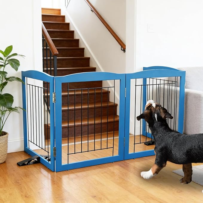 ZJSF Freestanding Dog Fence Indoor, Foldable Dog Gate for Doorways, Stairs or Hallways, Sturdy Wood Extra Wide Pet Gate with Support Feet for The House, Blue, 32 "Height-4 Panels