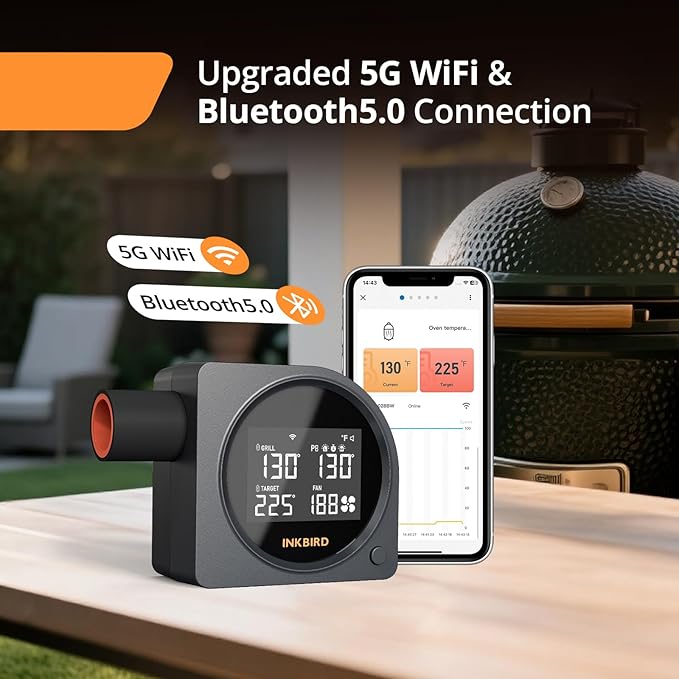 5G Wi-Fi & Bluetooth BBQ Temperature Controller, INKBIRD Automatic Smoker Fan with LCD Screen for Ceramic Grill | Mobile Notification Timer Alarm Calibration for BGE, Kamado, Akorn, Weber, 5 Probes