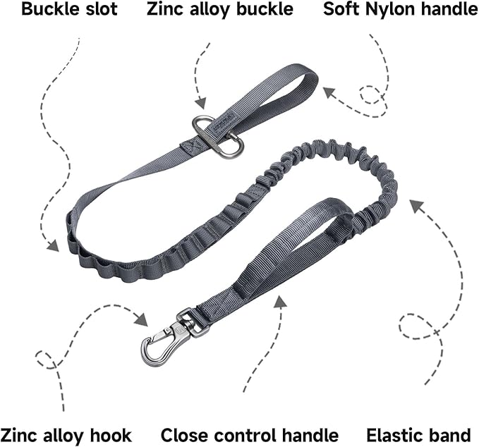 EXCELLENT ELITE SPANKER Tactical Bungee Dog Leash Military Adjustable Dog Leash Quick Release Elastic Leads Rope with 2 Control Handle（Grey