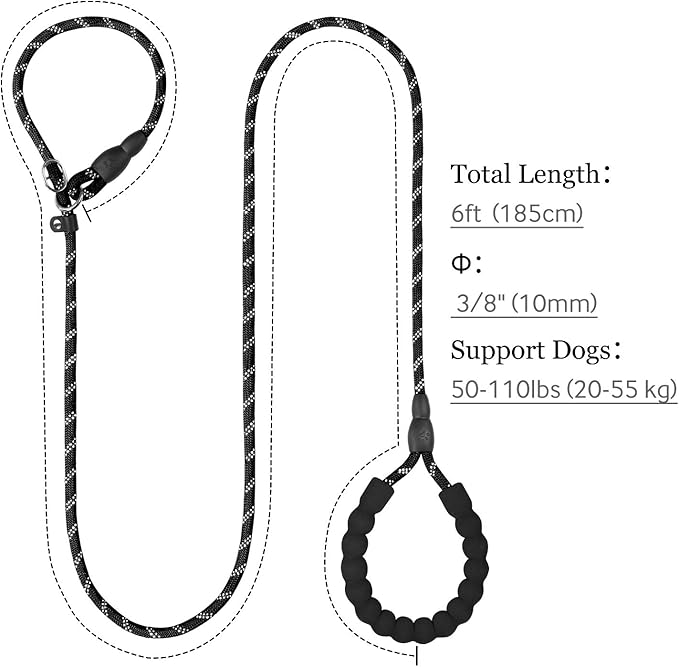 TagME 6ft Slip Dog Lead, No Pull Reflective Training Leash with Padded Handle, Professional Rope P-Leash for Small Medium Large Dogs, Heavy Duty Correction Lead for Walking & Training (Black)