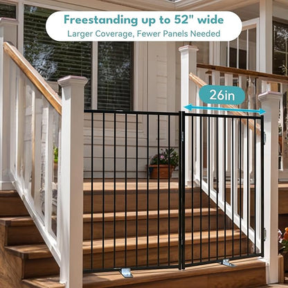 No Pawblems Free Standing Dog Gate, 36'' Tall Foldable Dog Fence for Indoor & Outdoor, Up to 52 Inch Extra Wide Puppy Gate for Stairs, Hallways, Doorways, Deck, Yard (Black, 2 Panels)