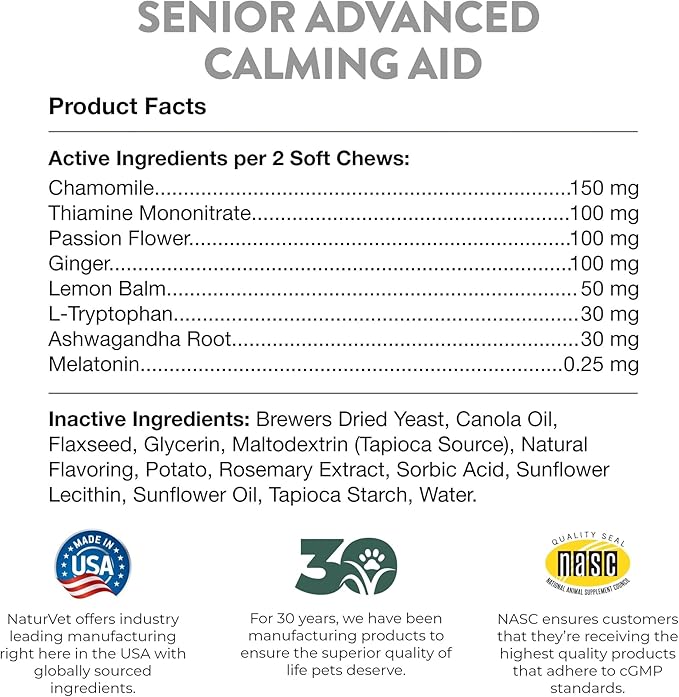 NaturVet Quiet Moments Calming Aid Dog Supplement, Helps Promote Relaxation, Reduce Stress, Storm Anxiety, Motion Sickness for Senior Dogs – 120-Ct. Soft Chews