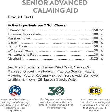 NaturVet Quiet Moments Calming Aid Dog Supplement, Helps Promote Relaxation, Reduce Stress, Storm Anxiety, Motion Sickness for Senior Dogs – 120-Ct. Soft Chews