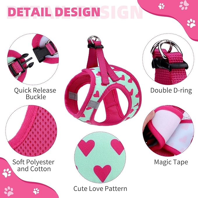 KOOLTAIL Valentines Dog Harness and Leash Set for Small Medium Dogs, Step in No Pull Soft Mesh Dog Harness Padded Pet Vest, Adjustable Reflective Easy Walking Puppy Harnesses Training, Pink Heart S