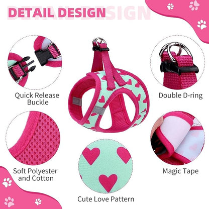 KOOLTAIL Valentines Dog Harness and Leash Set for Small Medium Dogs, Step in No Pull Soft Mesh Dog Harness Padded Pet Vest, Adjustable Reflective Easy Walking Puppy Harnesses Training, Pink Heart XS