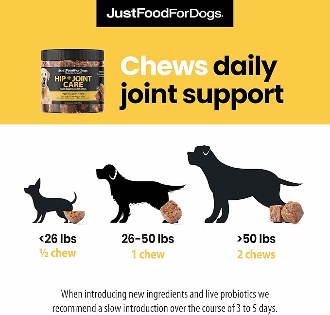 JustFoodForDogs Hip and Joint Supplement for Dogs, Human Grade Glucosamine Chondroitin Dog Supplements, Multivitamin Soft Chews, Omega 3 Oil, Superfood Blend, Plant Based Dog Vitamins - 45 Count
