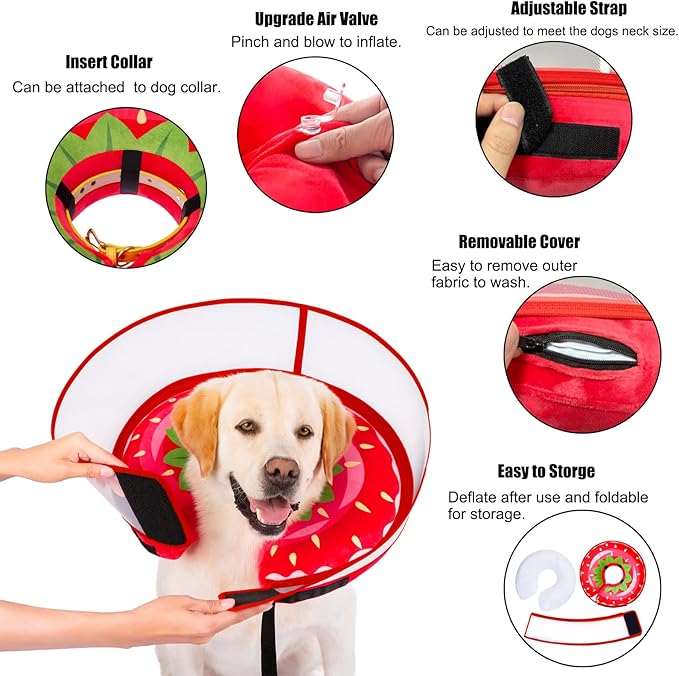 Inflatable Dog Cone Collar for Large Medium Small Dogs, Soft Dog Donut Collar Adjustable Recovery Cone for Pets After Surgery, Extra Enhanced Anti-Licking Guard Shield for Pets (Medium, Strawberry)