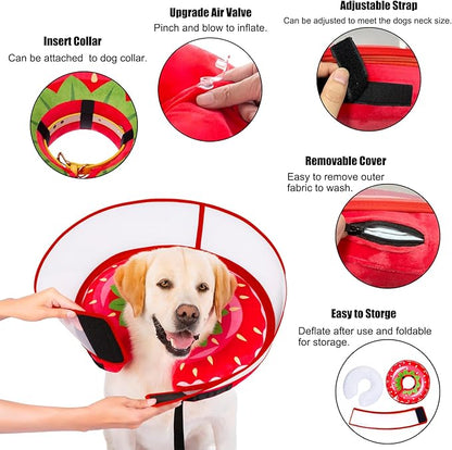 Inflatable Dog Cone Collar for Large Medium Small Dogs, Soft Dog Donut Collar Adjustable Recovery Cone for Pets After Surgery, Extra Enhanced Anti-Licking Guard Shield for Pets (Medium, Strawberry)