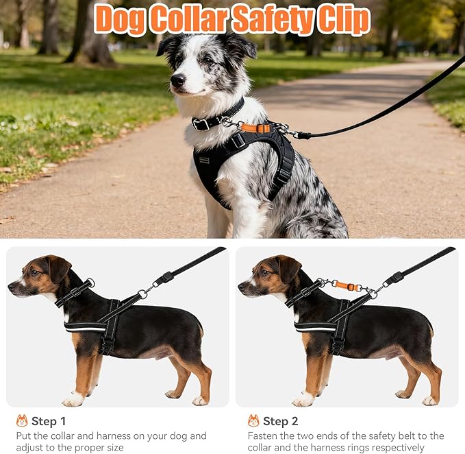 Dog Collar Safety Clip, Reflective Double-Ended Backup Connector for Harness to Collar, Adjustable Safety Clip for Prong, Pinch Collars, Prevents Escapes & Accidental Disconnection
