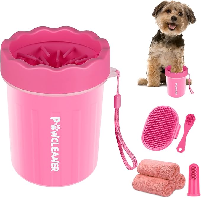 Professional 7 in 1 Dog Paw Cleaner for Dogs & Cats - Includes 1 Portable Paw Washer, 1 Bath Brush, 2 Dog Toothbrushes and 3 Absorbent Towels Note: Fits Paws up to 2 Inches Wide (Small, Pink)