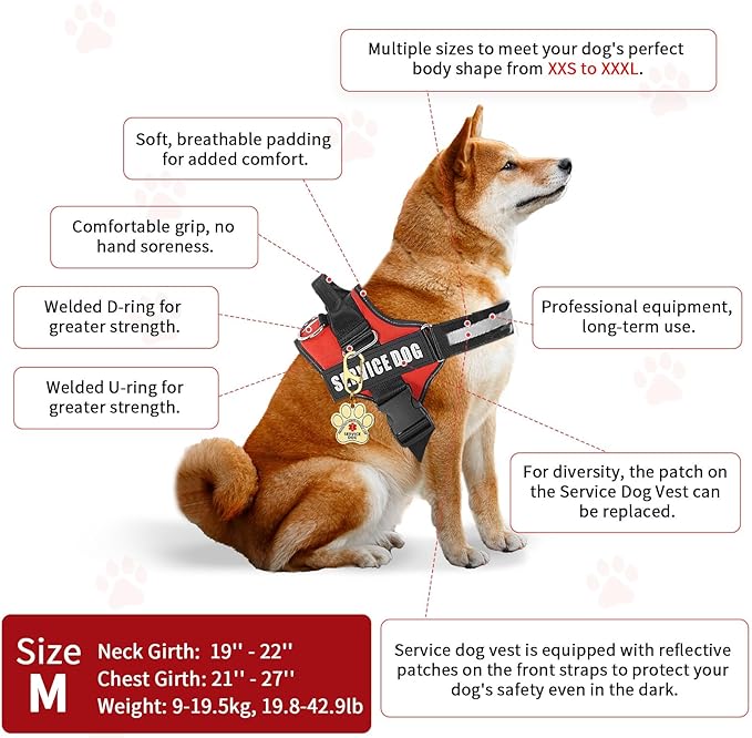 Opstin Service Dog Vest, ID Tag + 50 ADA Information Cards, Service Dog Harness w Patch in Sizes X Small to XX Large, Ruggedized Metal Tag, Service Animal Information Cards, ESA Accessory Set Medium