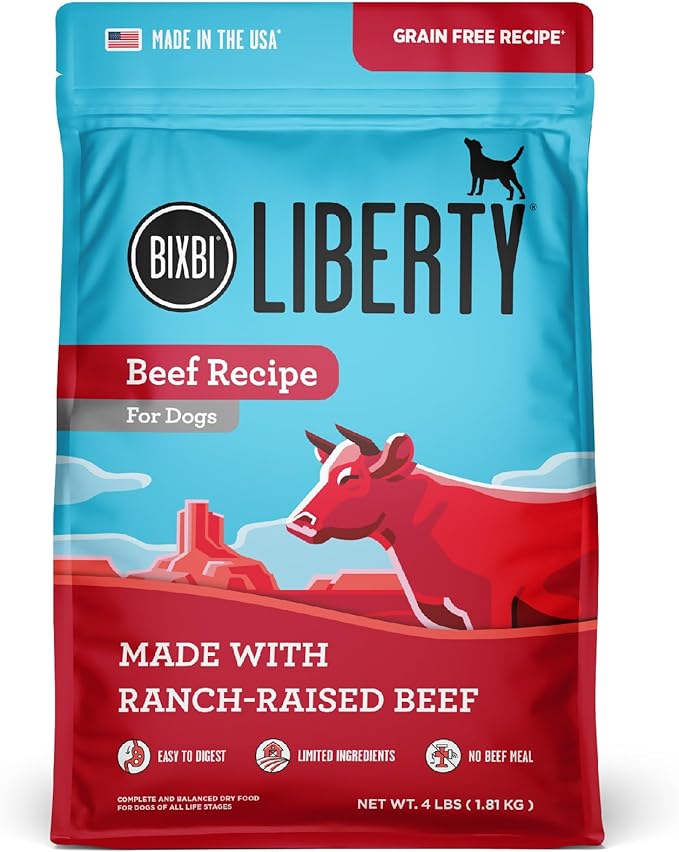 BIXBI Liberty Grain-Free Dry Dog Food, Beef Recipe – Fresh Meat, High Protein, No Meat Meals – USA Made, 4 lbs