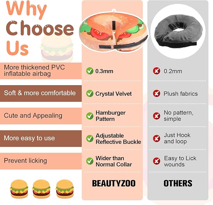 BEAUTYZOO Dog Cone Alternative After Surgery for Large Medium Small Dogs, Soft Inflatable Cone Collar for Dogs Cats, Dog Neck Donut E Collar Dogs Recovery Collar to Stop Licking, Brown Burger, XL