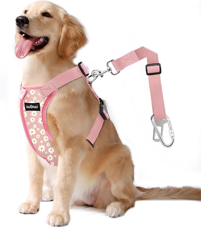 VavoPaw Dog Seat Belt, Safety Vest Dog Car Harness with Adjustable Buckle Dog Seat Belt for Vehicle Nylon Pet Safety Seat Belts Heavy Duty(L, Pink Daisy)