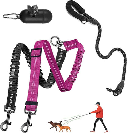 Double Dog Leash - 360°Swivel Tangle Free Splitter Attachment, 1 Rope with Handle, 2 Dogs Multi-Functional Leash, for Outdoor Walk Train Small Medium Large Two Pet, Fuchsia